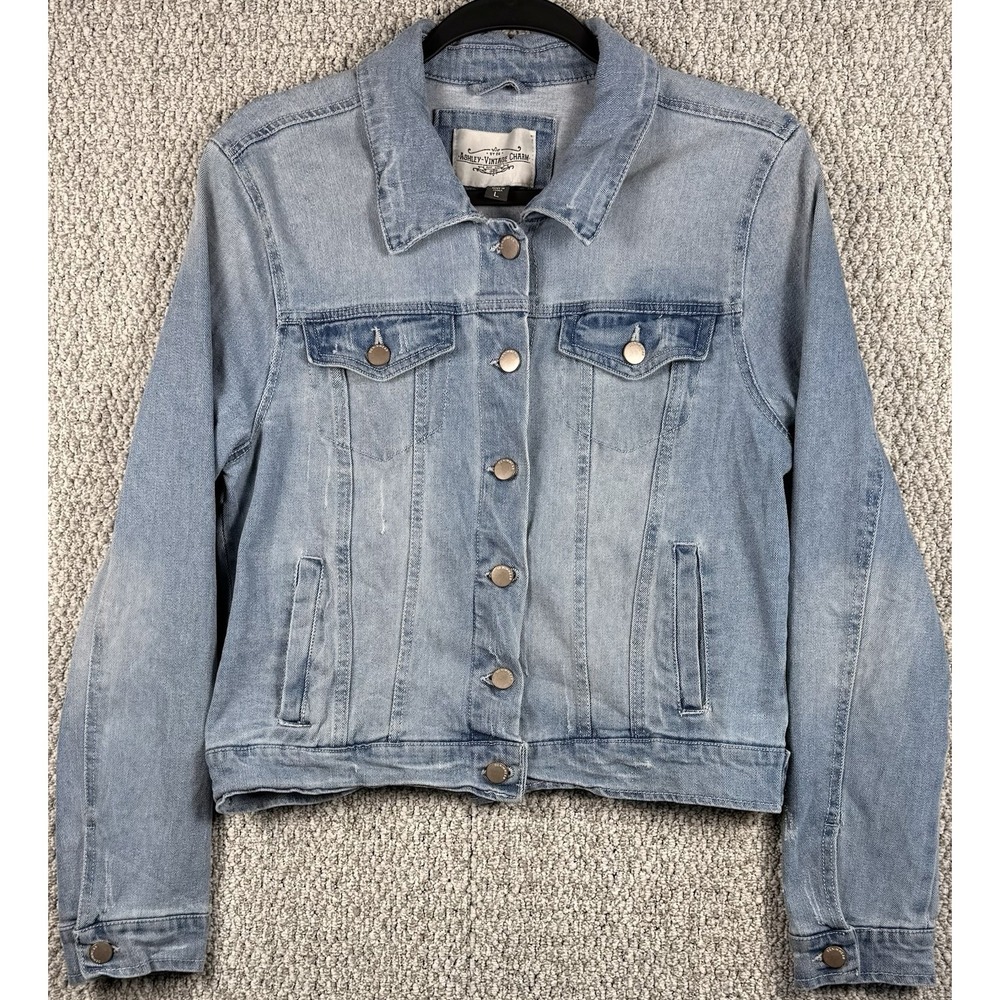 Womens Denim Jacket Large Light Wash Stretch Trucker Jean Cropped Casual